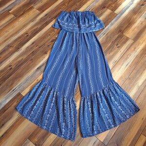 Japna Blue/White Off Shoulder Wide Flare Leg Ruffle Flowy Jumpsuit Wm Small Boho
